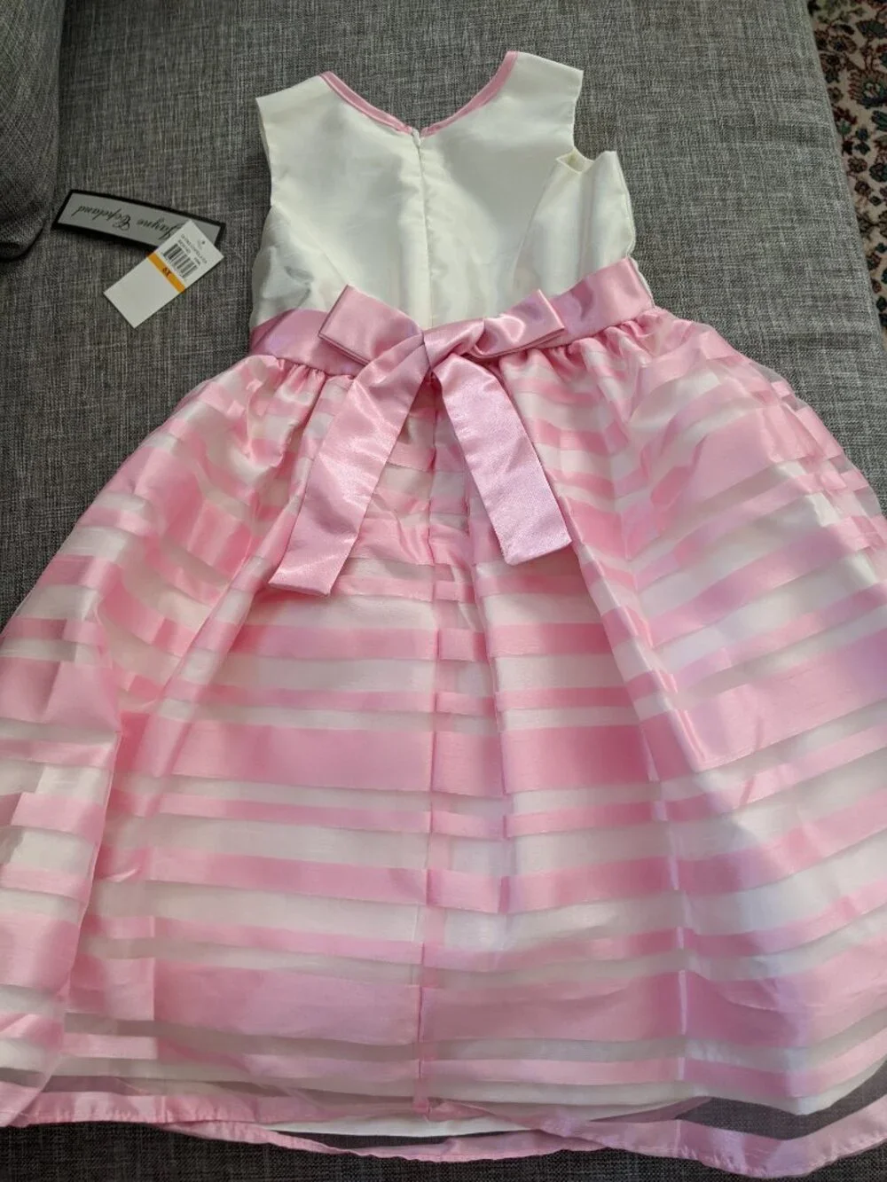 New Jayne Copeland Girls Dress White/Pink Taffeta Stripes Bow Festive SZ 6X
